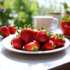 strawberries on a white plate on a white kitchen table. healthy breakfast.