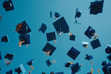 Sticker - Graduation caps thrown in the air. Clear blue sky in the background. Academic success and freedom concept. Design for graduation announcements, posters, and flyers.