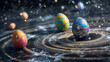 painted easter eggs as a solar system, planet rings, space background with glitter and sparkles