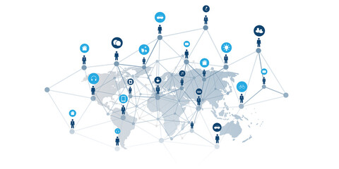 Poster - Modern Style Global Networks, Worldwide Business, IT Connections - Social Media Concept Design with Globally Connected People, Geometric Polygonal Mesh, Icons and World Map - Isolated Template
