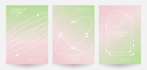 Fototapete - Minimal y2k style posters with colorful, geometric shapes, frame, sparkle and pastel colors gradient. 