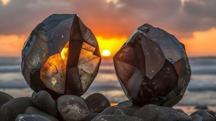 Canvas Print - Two large rocks sitting on top of a pile of stones, AI