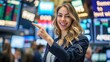 Confident businesswoman in stock exchange. Businesswoman smiling confidently with stock exchange screens in the background