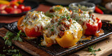 Fototapeta Natura - Peruvian traditional dish Rocoto relleno, stuffed pepper with baked meat and melted cheese