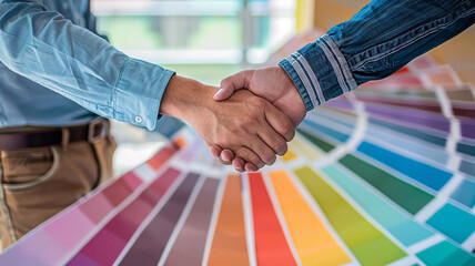 Wall Mural - Two-man engineering team holding hands, reaching an agreement on house design colors