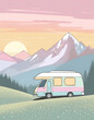 illustration camping van pastel color in the alps mountains
