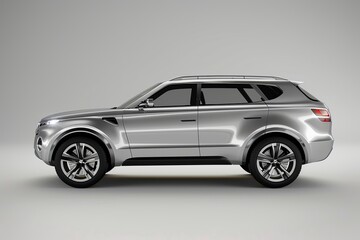 grey SUV parked in front of a building under the clear sky.