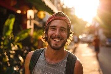 Portrait of a handsome young man smiling in the streets at sunset