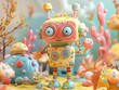 A playful, one-eyed robot with a quirky design stands amidst a fantastical, colorful alien landscape dotted with unusual flora.