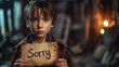 A poignant image of a young child presenting a handwritten 'Sorry' sign, evoking feelings of apology and childhood innocence.