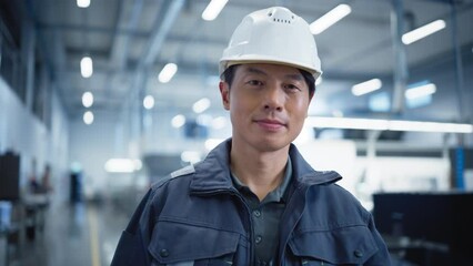 Leinwandbilder - Portrait of an Adult Asian Male Production Supervisor Looking at Camera And Smiling. Technician in a Hardhat Working at an Industrial Factory with Heavy Machinery Producing Electronics Hardware