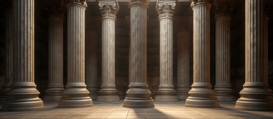 Poster - A captivating image showcasing a series of pillars closely aligned, with sunlight streaming through them, creating a mesmerizing pattern