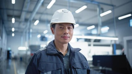 Poster - Portrait of an Asian Man Wearing a Protective White Hard Hat. Young Electronics Manufacture Engineer Smiling, Looking at Camera. Specialist Monitoring Production Systems at a Factory