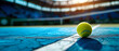 Close-up on tennis ball on tennis court, stadion, arena. Sport lifestyle background. Summer template or banner. The concept of professional game sports.Generative ai