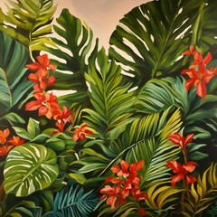  Oil painted mural of  tropical foliageOil painted mural of  tropical foliage