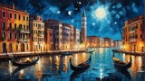 Fototapeta Uliczki - night sky in venice italy theme oil pallet knife paint painting on canvas with large brush strokes modern art illustration abstract from Generative AI