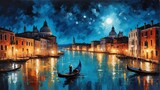 Fototapeta Uliczki - night sky in venice italy theme oil pallet knife paint painting on canvas with large brush strokes modern art illustration abstract from Generative AI
