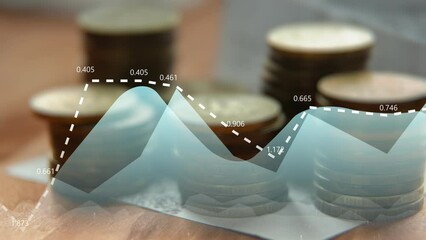 Poster - Moving graphs and charts with equalizers and digital indicators on a background of columns of coins. Concept for analyzing the development of financial markets. Cg footage