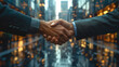 Business people shaking hands on a blurred building background, close-up.