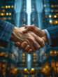 © puhimec - Business people shaking hands on a blurred building background, close-up.