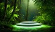Dark green podium in tropical forest for product presentation and green background
