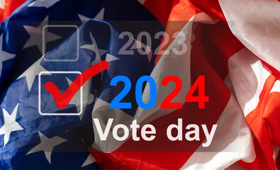 Wall Mural - 2024 presidential election year in United States as illustration template on blue background wall with reflection.