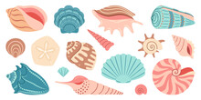 Sea Shell Cartoon Set. Ocean Exotic Underwater Seashell Conch Aquatic Mollusk, Sea Spiral Snail Collection. Tropical Beach Shells. Modern Flat Style Isolated On White Background. Vector Illustration 