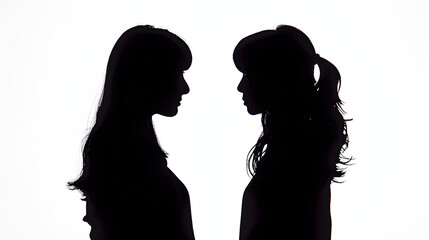 Wall Mural - Silhouette. Two girls stand with their backs to each other on a white background.
