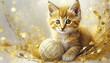 Kot bawiący się kłębkiem wełny. Ilustracja ze złotymi motywami