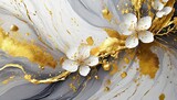 Fototapeta  - Białe tło polane złotą farbą z kwitnącymi gałązkami wiśni