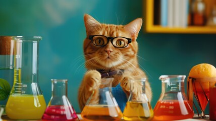 ginger cat with glasses and bow tie sitting behind colorful liquid-filled beakers in laboratory sett