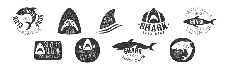 Sticker - Dangerous Shark Surf Club Black And White Badge Vector Set