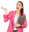 Successful businesswoman, close up portrait of young caucasian successful businesswoman employee holding closed laptop looking aside copy space. Say wow isolated transparent png image.