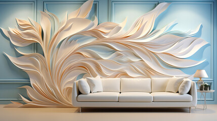 Living room interior design with 3D wallpaper with soft blue leaves on a blue wall with soft, smooth, graceful waves