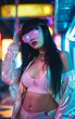 photo of an extremely beautiful Asian woman with long black hair and bangs, wearing futuristic neon glasses and a white top and pink iridescent jacket, posing in front of a cyberpunk nightclub