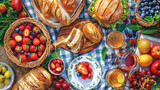 Fototapeta Natura - Picnic food and drinks on checkered blanket, top view.