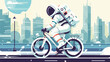 Astronaut riding bicycle in the city design. flat