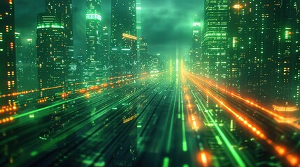 Poster - A neon metropolis shines with vibrant greens, symbolizing the dynamic pulse of urban life and the digital age, an ideal representation for themes of progress and futuristic cityscapes.