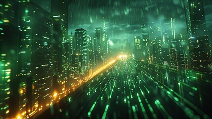 Poster - A futuristic cityscape pulses with neon green and yellow lights, simulating the vibrant energy of an urban metropolis, perfect for concepts of technology, future, and digital life.