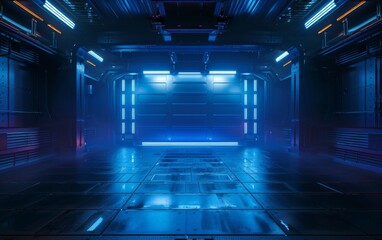 Wall Mural - Futuristic Industrial Alien Interior Empty Studio Ultra Modern Laser Glowing with Black Colors 3D Rendering