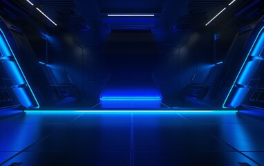 Wall Mural - Futuristic Industrial Alien Interior Empty Studio Ultra Modern Laser Glowing with Black Colors 3D Rendering