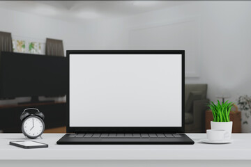 Wall Mural - laptop open to show green screen close up display in living room, application website present, 3d re