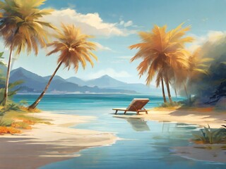 Wall Mural - summer tropical beach background. views of mountains, sea, blue sky, coconut trees. design for banner, poster, social media, web. generative ai