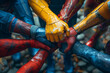 © Natasa - Diverse group of hands, in different superhero costumes, coming together in unity, teamwork and solidarity. The power of unity and the strength that comes from people with different abilities.