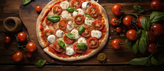 Canvas Print - A delicious pizza with fresh tomatoes and melted mozzarella cheese, placed on a rustic wooden table