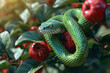© Ivan - Green snake on a tree with red apples and green leaves close up. Forbidden fruit motif with space for text or inscriptions