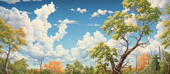 Poster - Scenic painting capturing a serene river winding through trees with a peaceful sky backdrop