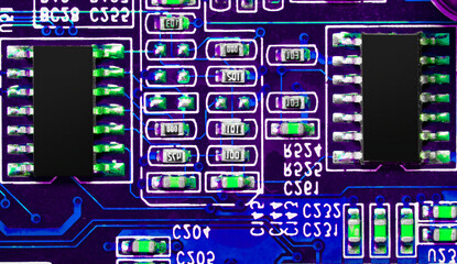 Wall Mural - Close up of components and microchips on PC circuit board.