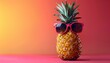 Pineapple with glasses isolated on pink background. Tropical pineapple fruit on simple background as concept for summertime