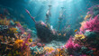 A sunken pirate ship turned coral reef, underwater 2D scene